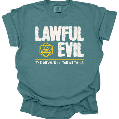 The same Lawful Evil alignment design, on a blue spruce t-shirt.