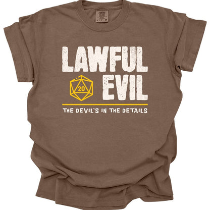 The same Lawful Evil alignment design, on an espresso t-shirt.