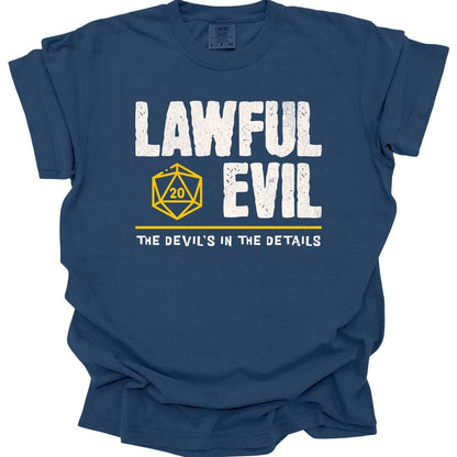 The same Lawful Evil alignment design, on a true navy t-shirt.