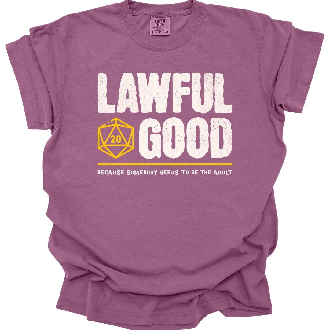 The same Lawful Good alignment design, on a berry t-shirt.
