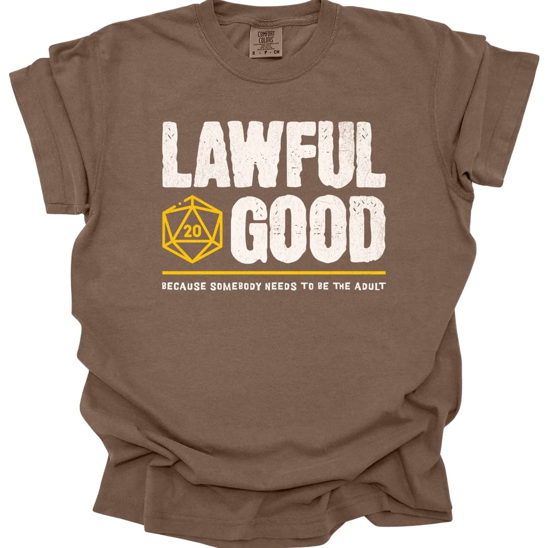 The same Lawful Good alignment design, on an espresso t-shirt.