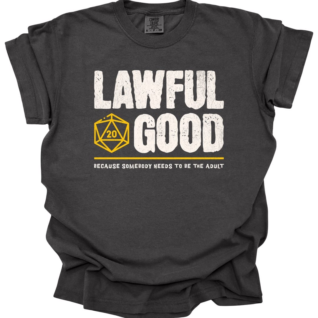 The same Lawful Good alignment design, on a pepper t-shirt.