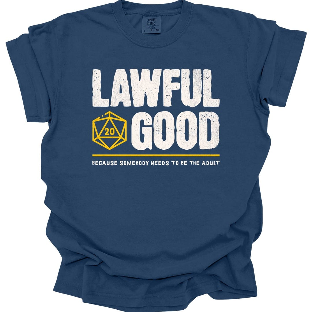 The same Lawful Good alignment design, on a true navy t-shirt.