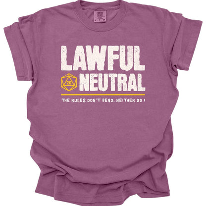 The same Lawful Neutral alignment design, on a berry t-shirt.