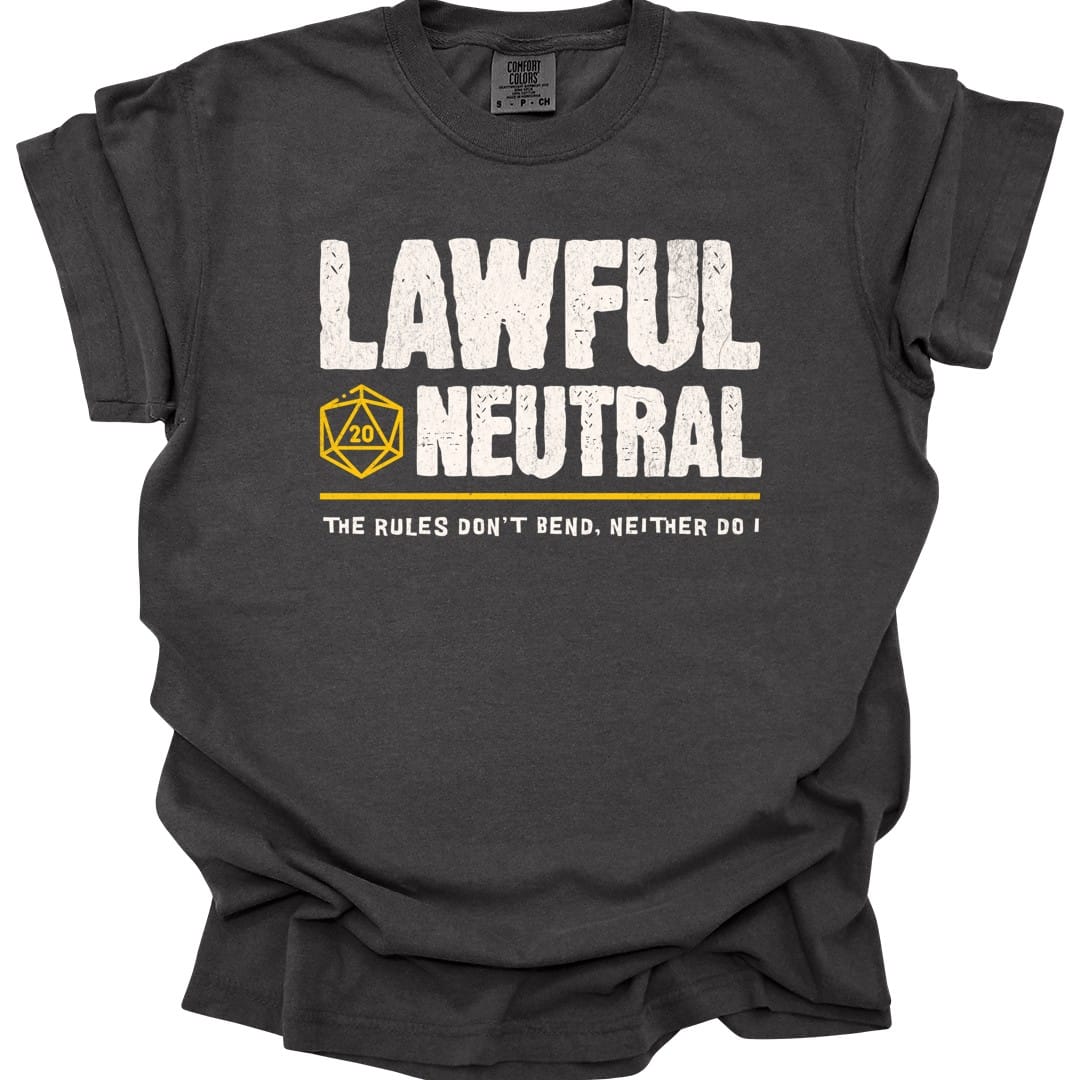 The same Lawful Neutral alignment design, on a pepper t-shirt.