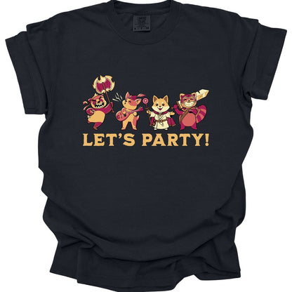 Black t-shirt. Four animals stand in a row dressed as adventurers: a bear in a horned helmet with a staff, a pig in a red cap playing a lute, a shiba dog in white cleric robes, and a raccoon in a red cloak drawing a sword. Underneath, "Let's party!" in capitals, gold on dark colors and black on light ones.