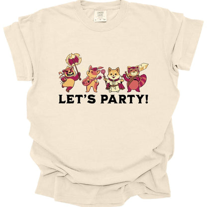 The same Let's Party animals design, on an ivory t-shirt.