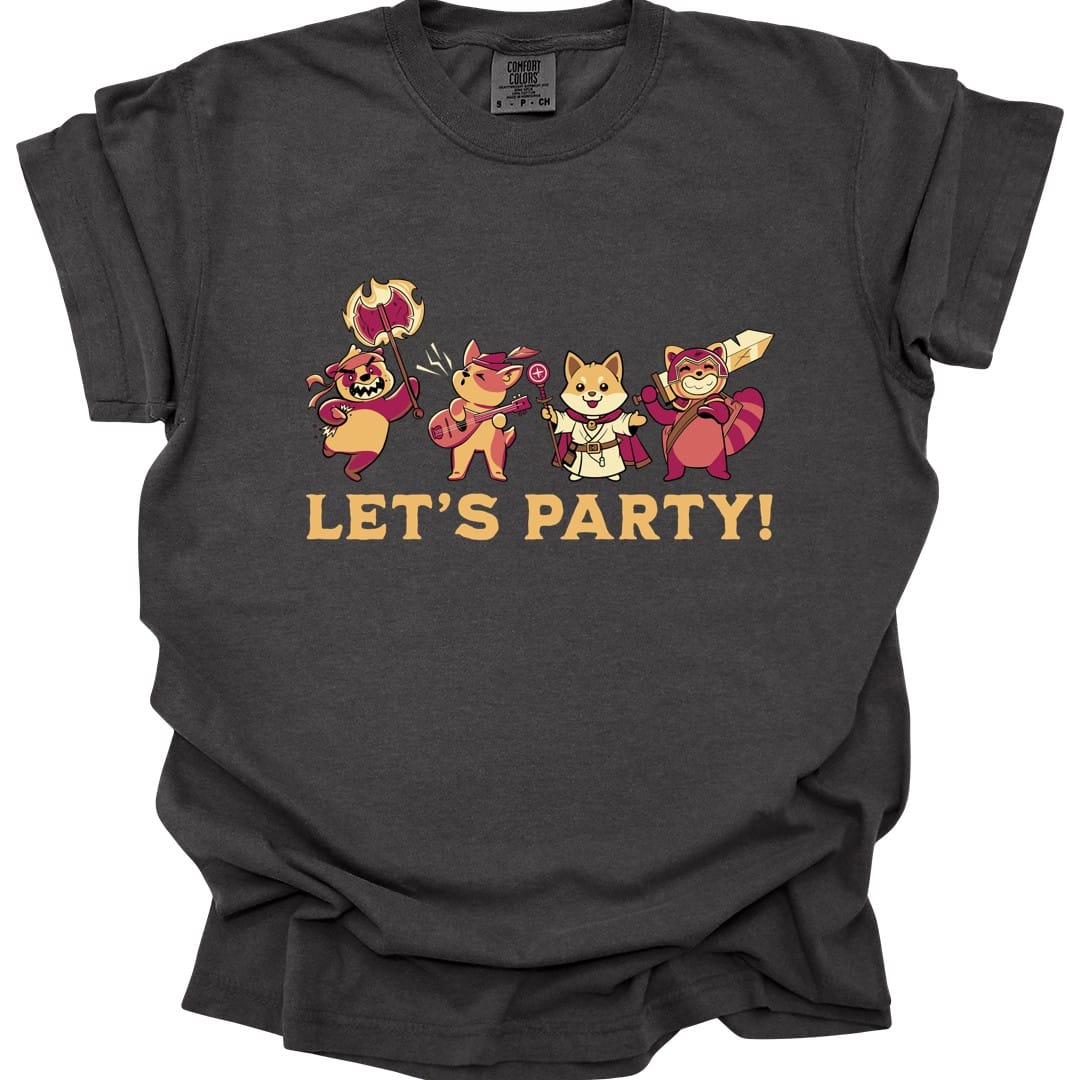 The same Let's Party animals design, on a pepper t-shirt.