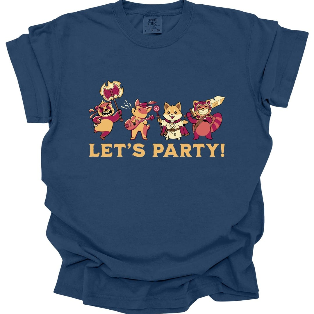The same Let's Party animals design, on a true navy t-shirt.