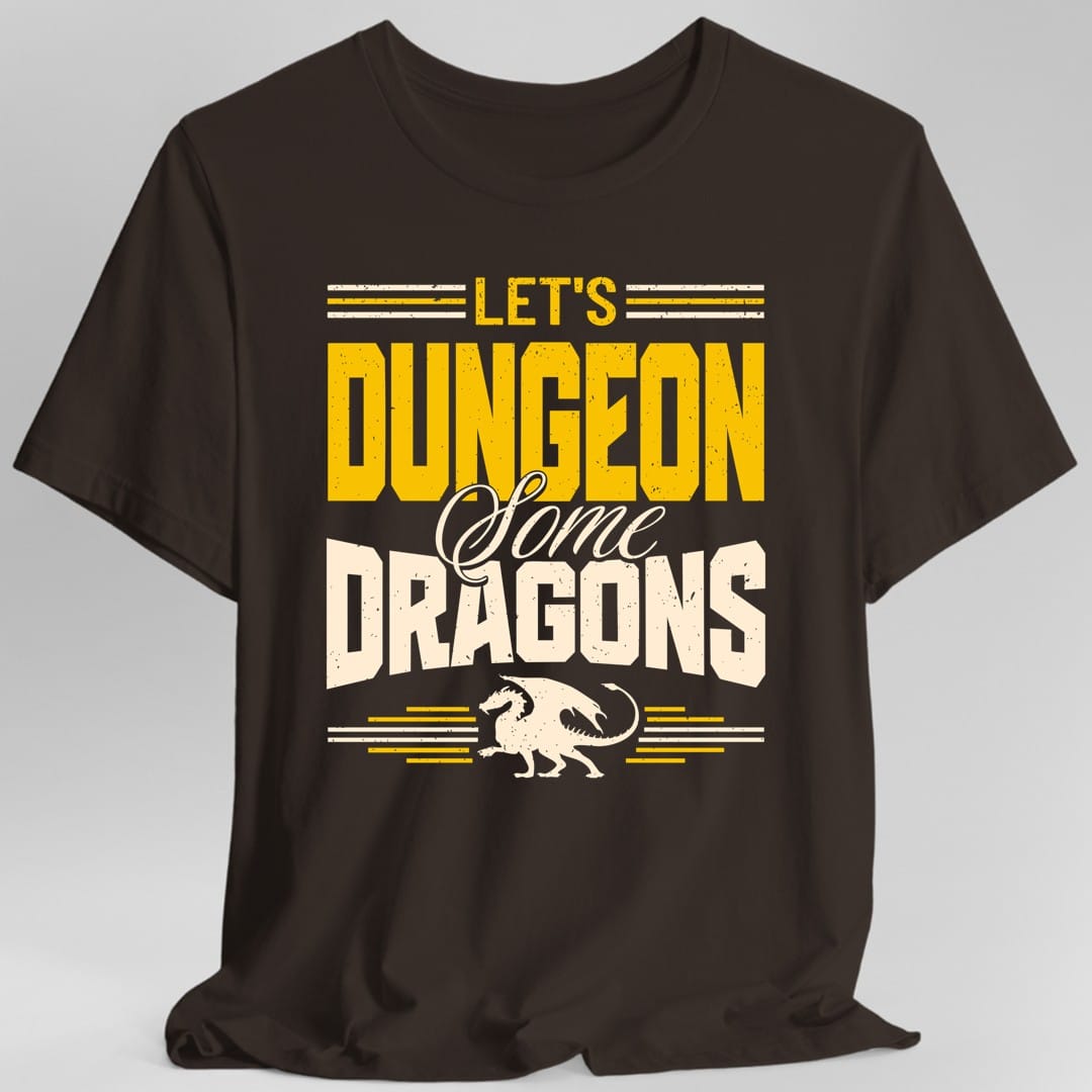The same Let's Dungeon Some Dragons design, on a dark chocolate t-shirt.