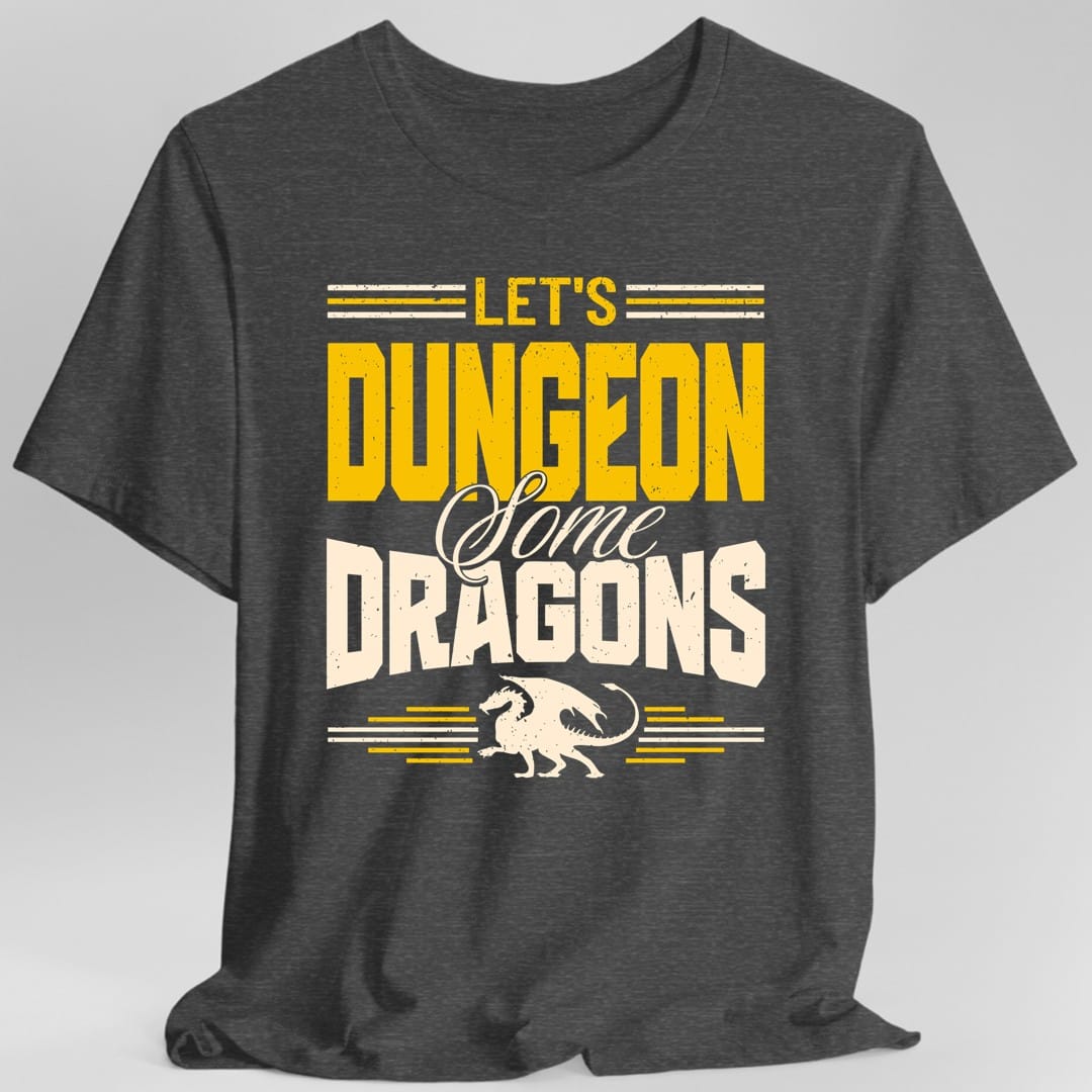 The same Let's Dungeon Some Dragons design, on a dark heather t-shirt.