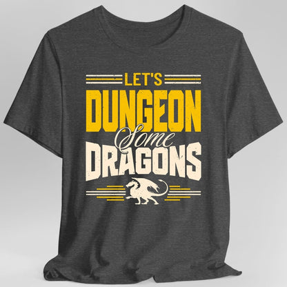 The same Let's Dungeon Some Dragons design, on a dark heather t-shirt.