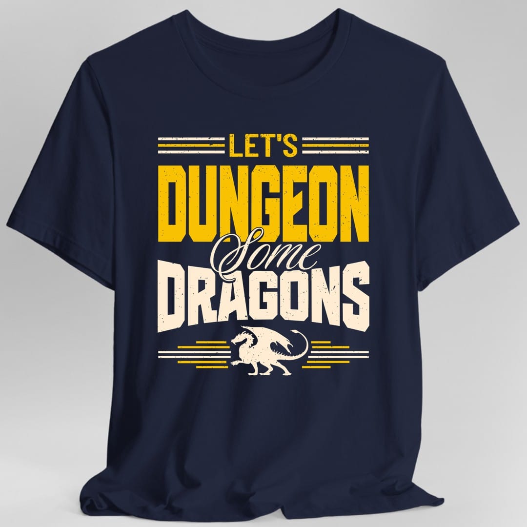 The same Let's Dungeon Some Dragons design, on a navy t-shirt.