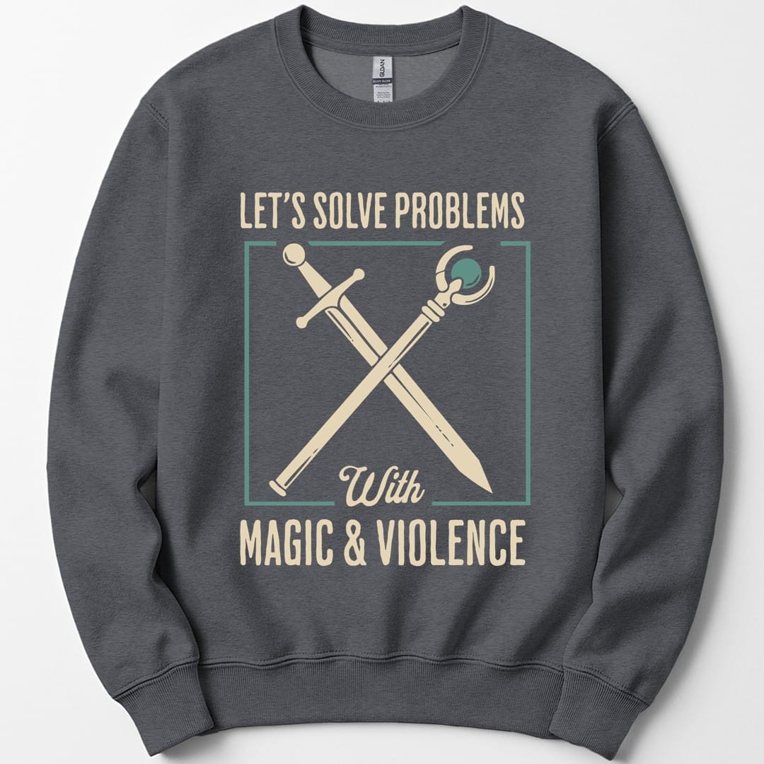 The same Magic and Violence crossed sword and staff design, on a dark heather sweatshirt.