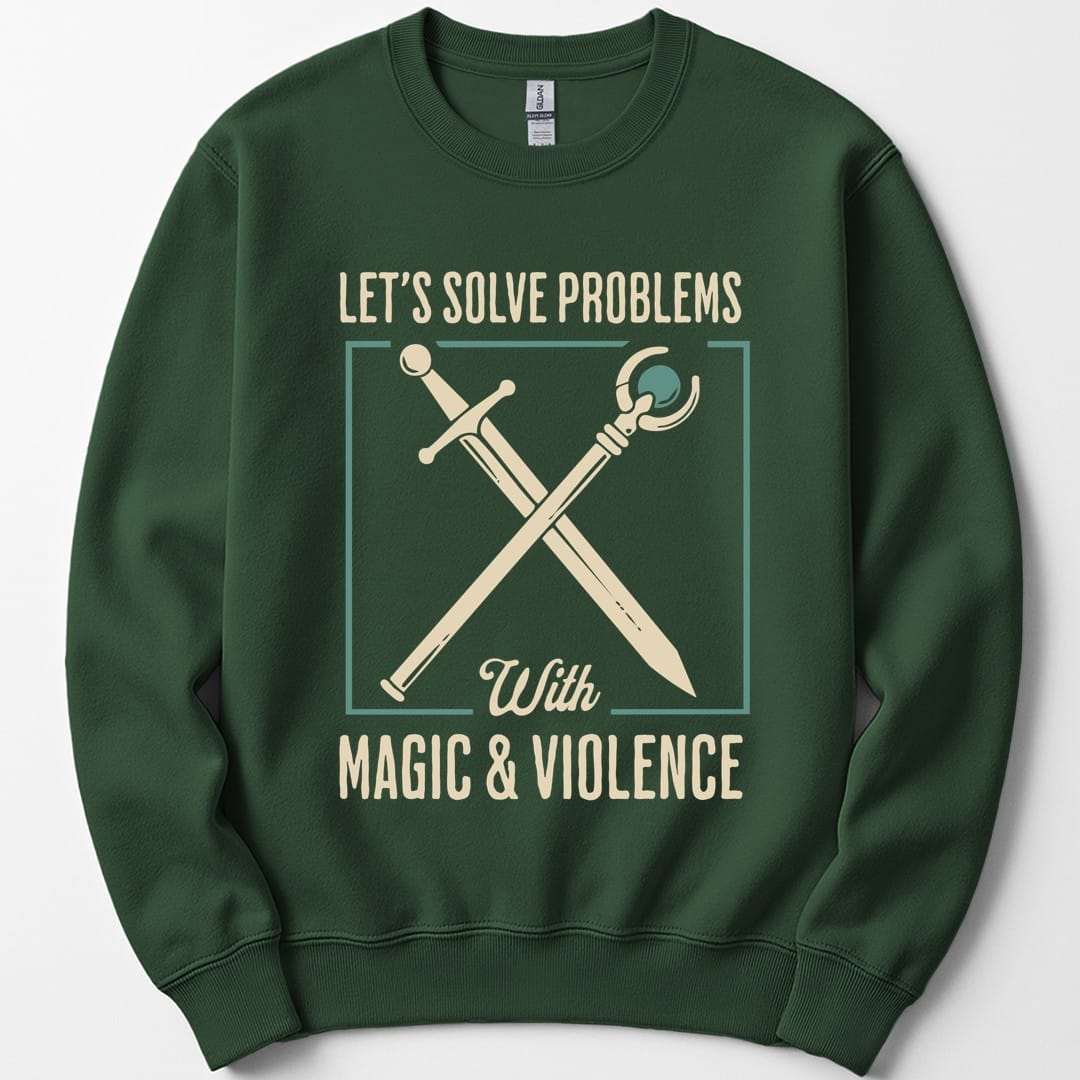 The same Magic and Violence crossed sword and staff design, on a forest green sweatshirt.