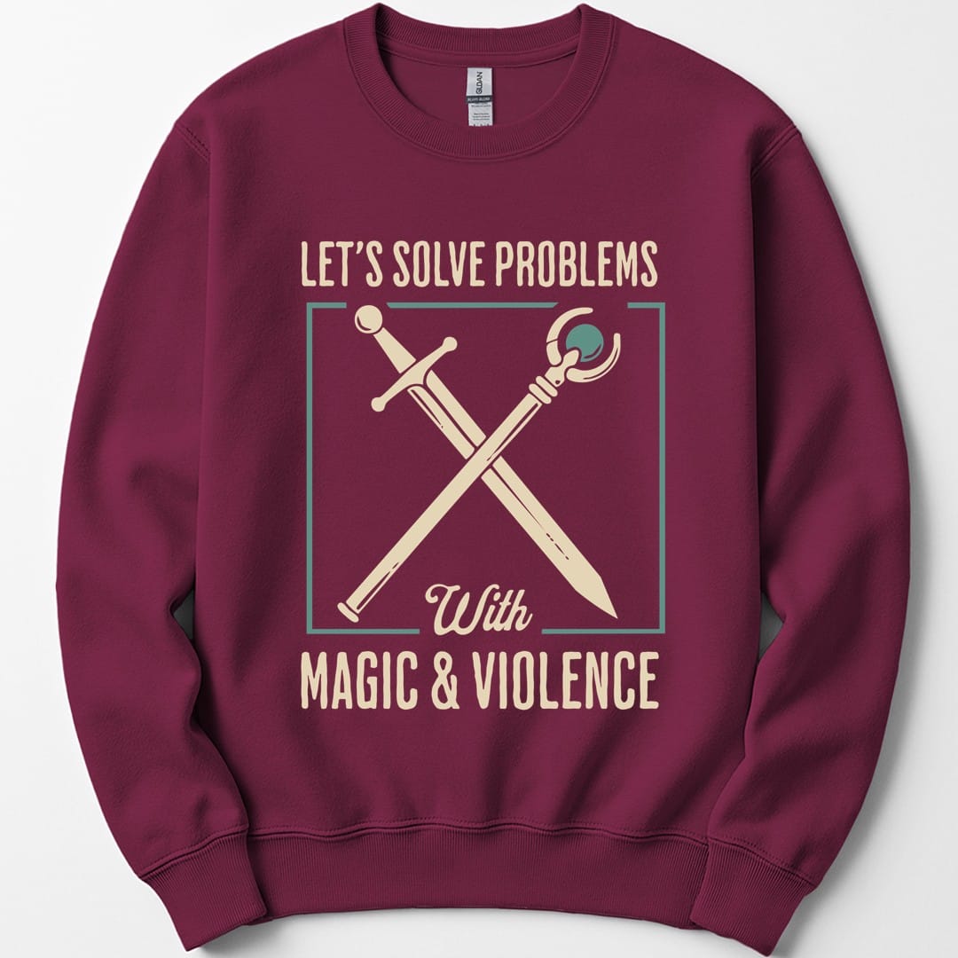 The same Magic and Violence crossed sword and staff design, on a maroon sweatshirt.