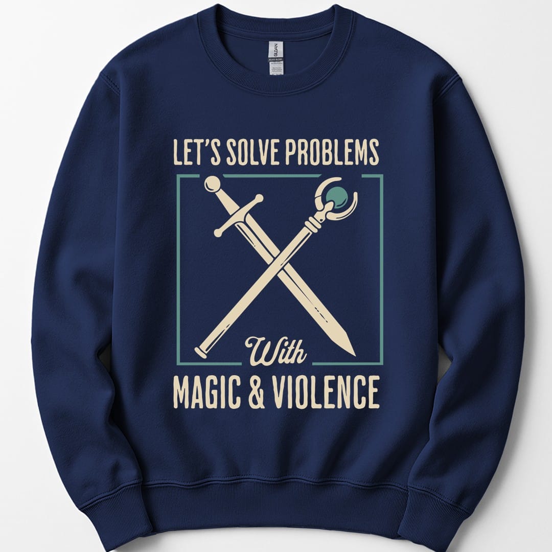 The same Magic and Violence crossed sword and staff design, on a navy sweatshirt.