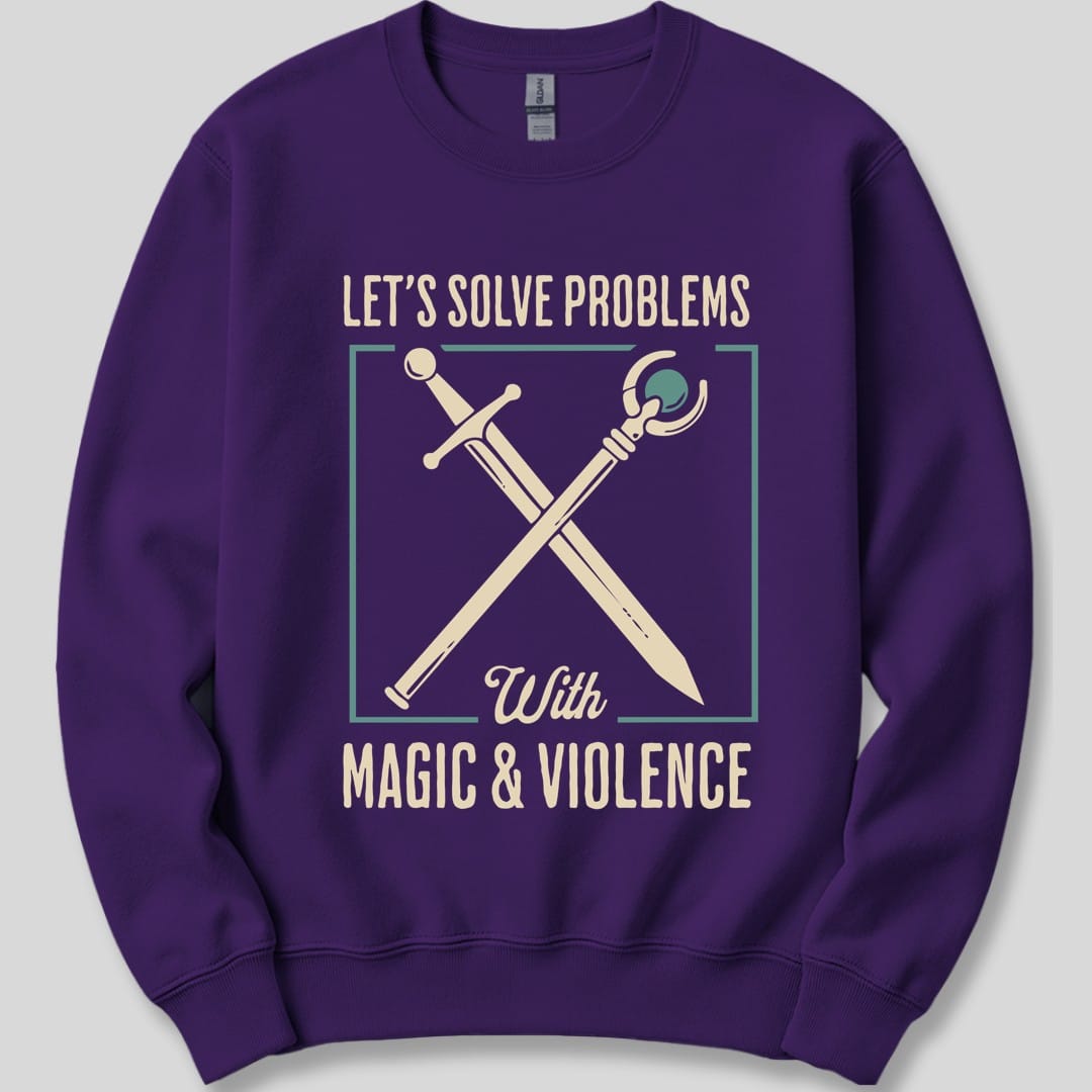 The same Magic and Violence crossed sword and staff design, on a purple sweatshirt.