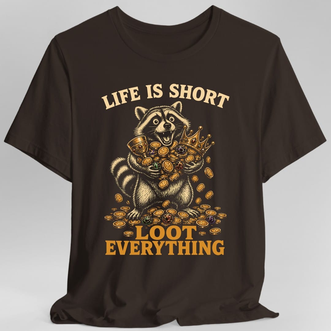 The same Loot everything raccoon design, on a dark chocolate t-shirt.
