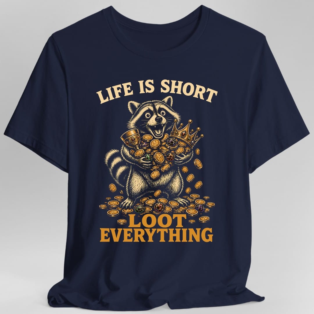 The same Loot everything raccoon design, on a navy t-shirt.