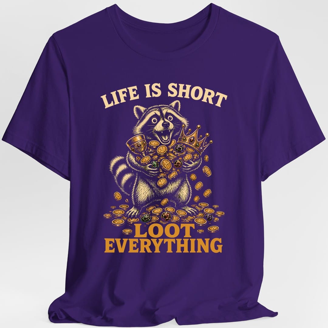 The same Loot everything raccoon design, on a purple t-shirt.