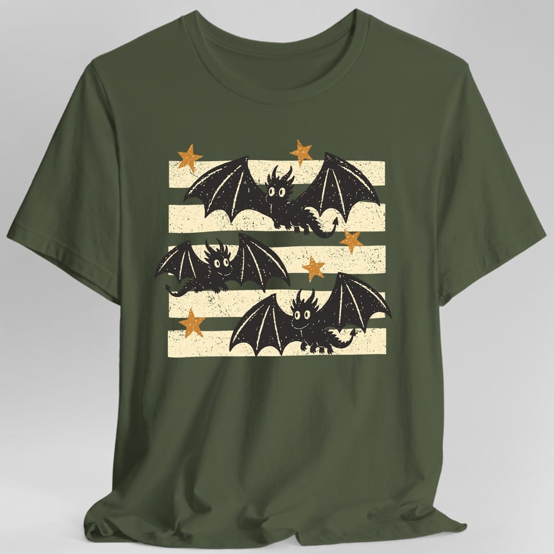 The same Little Dragons design, on a military green t-shirt.