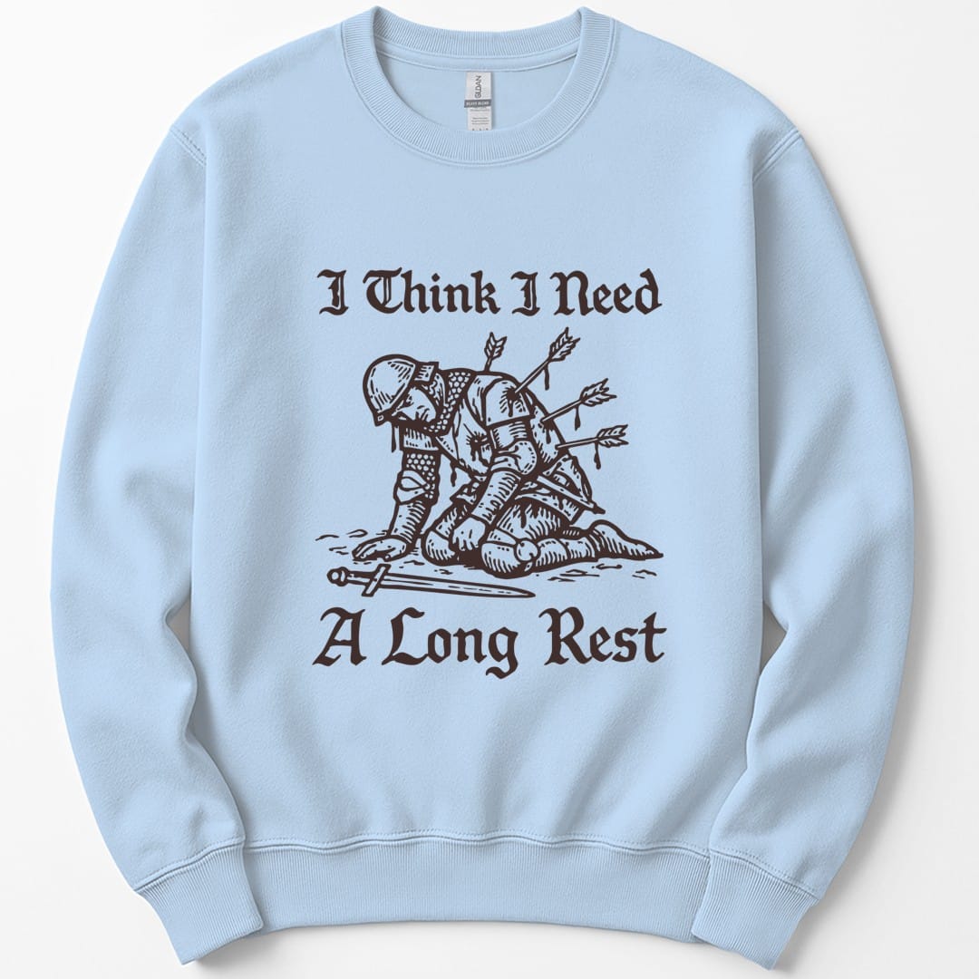 The same Long Rest knight design, on a light blue sweatshirt.