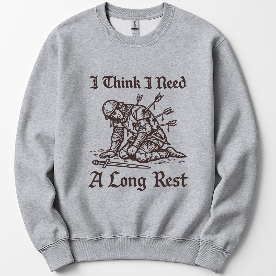 The same Long Rest knight design, on a sport grey sweatshirt.