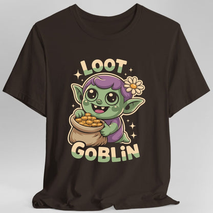 The same Loot Goblin cheerful design, on a dark chocolate t-shirt.