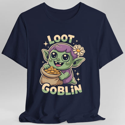 The same Loot Goblin cheerful design, on a navy t-shirt.