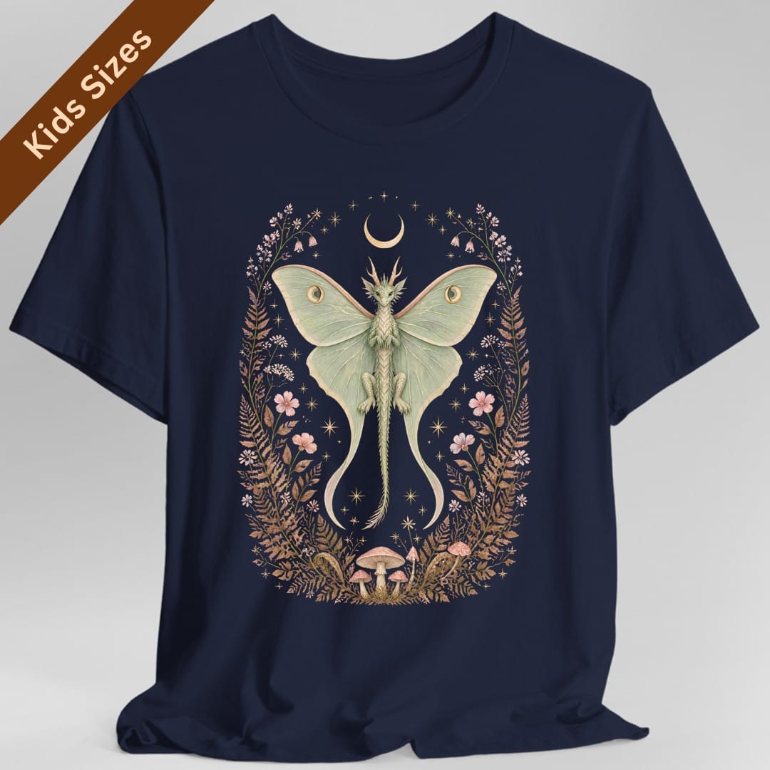 The same Luna Moth Dragon design, on a navy kids t-shirt.