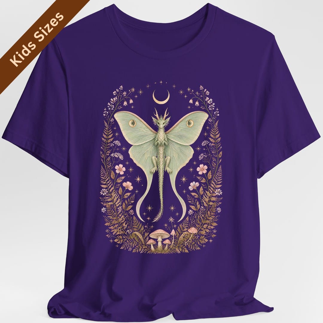 The same Luna Moth Dragon design, on a purple kids t-shirt.