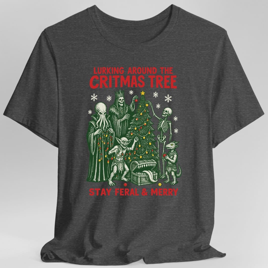 The same Lurking Around the Critmas Tree design, on a dark heather t-shirt.
