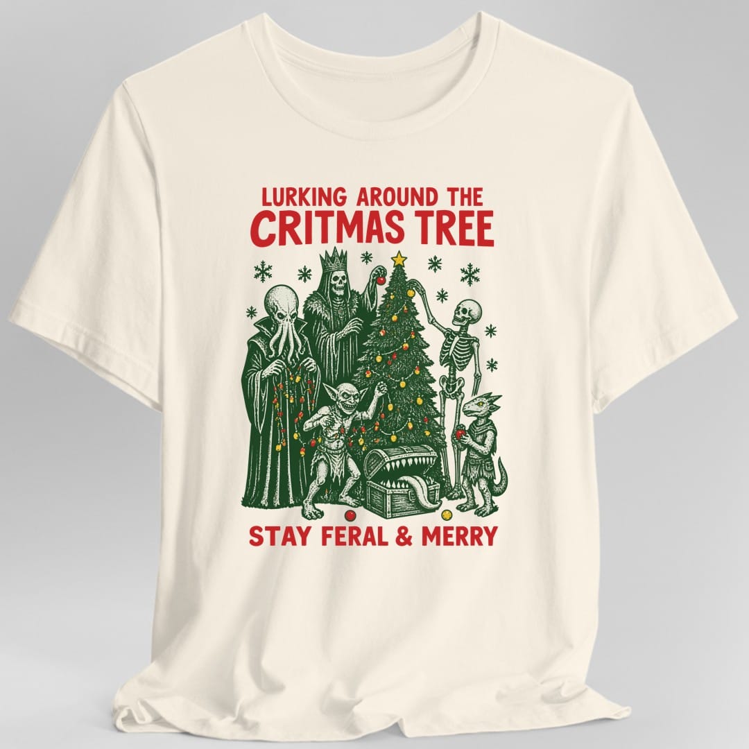 The same Lurking Around the Critmas Tree design, on a natural t-shirt.