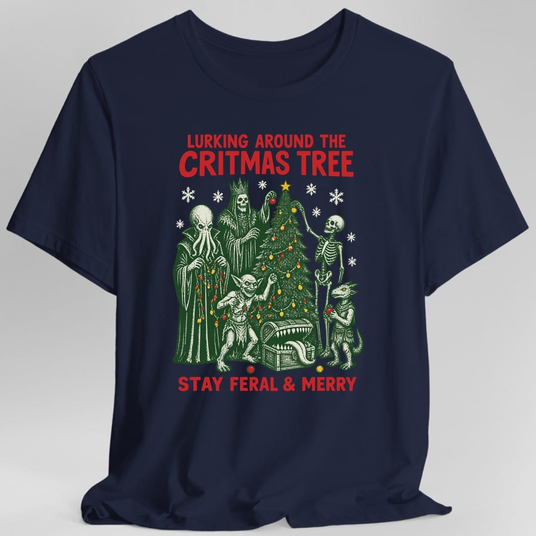 The same Lurking Around the Critmas Tree design, on a navy t-shirt.