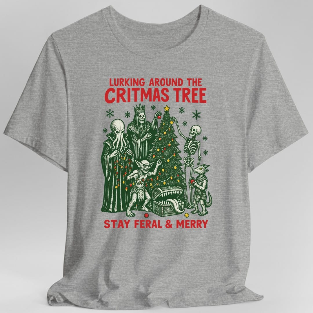 The same Lurking Around the Critmas Tree design, on a sport grey t-shirt.