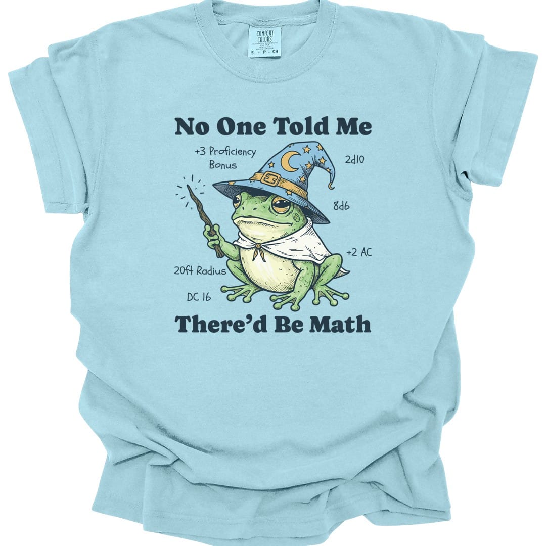 The same No One Told Me There'd Be Math frog design, on a chambray t-shirt.
