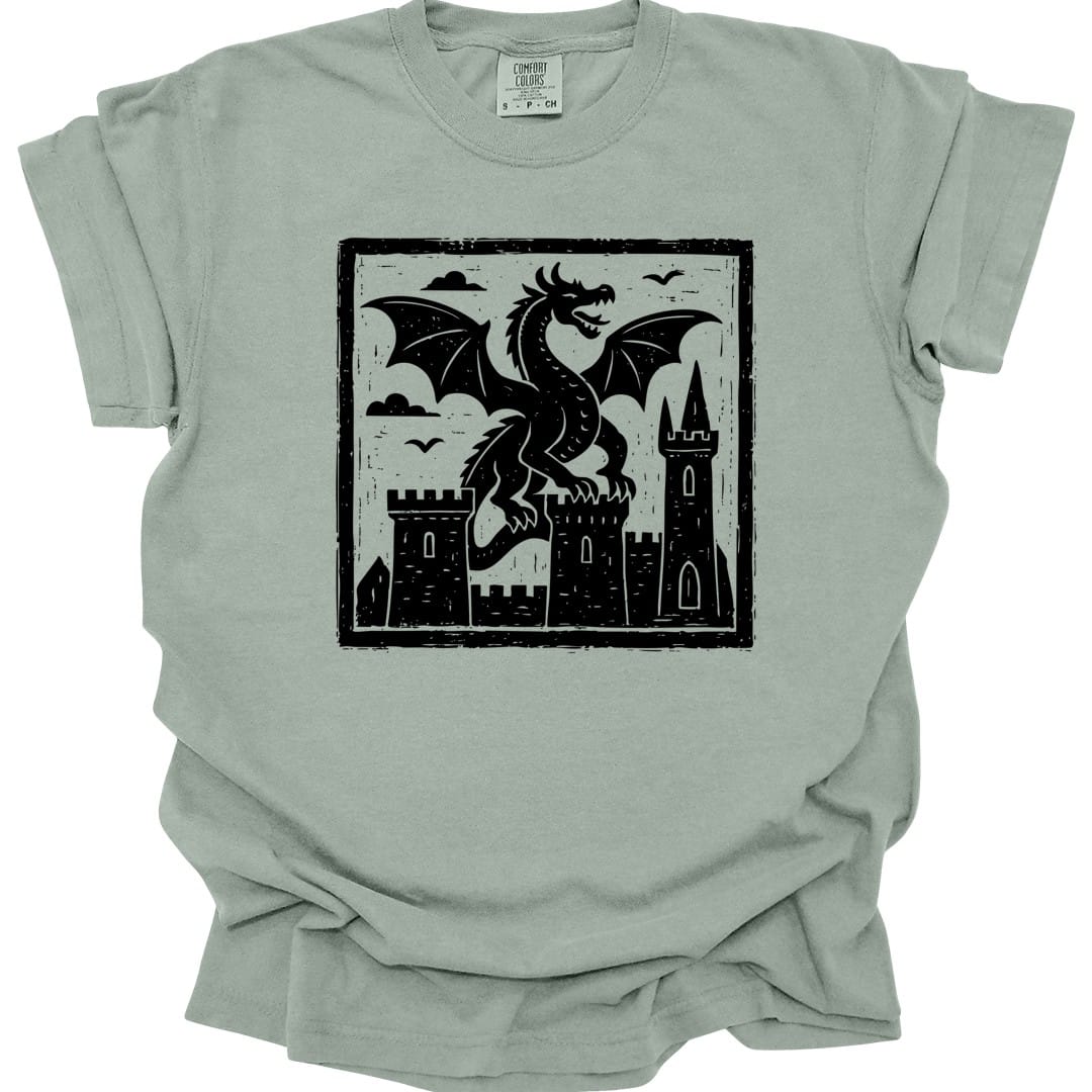 The same Medieval Woodcut Dragon design, on a bay t-shirt.