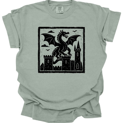 The same Medieval Woodcut Dragon design, on a bay t-shirt.