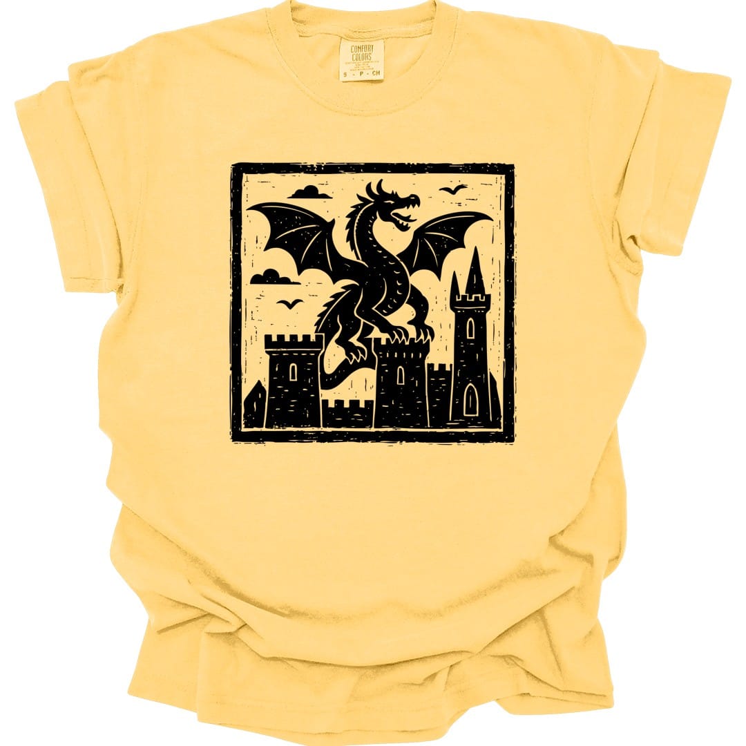 The same Medieval Woodcut Dragon design, on a butter t-shirt.