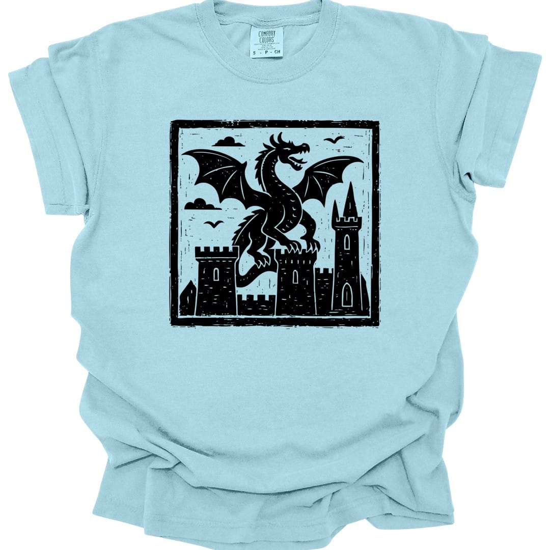 The same Medieval Woodcut Dragon design, on a chambray t-shirt.