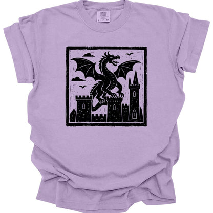 The same Medieval Woodcut Dragon design, on an orchid t-shirt.