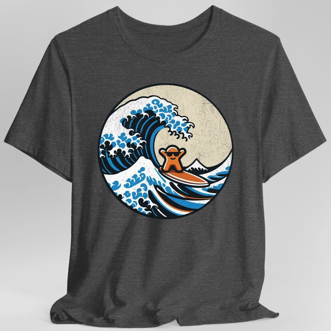 The same Meeple Great Wave design, on a dark heather t-shirt.