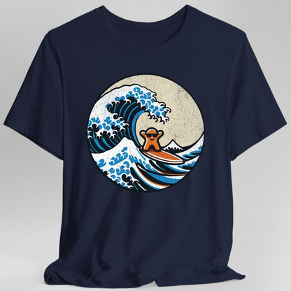 The same Meeple Great Wave design, on a navy t-shirt.