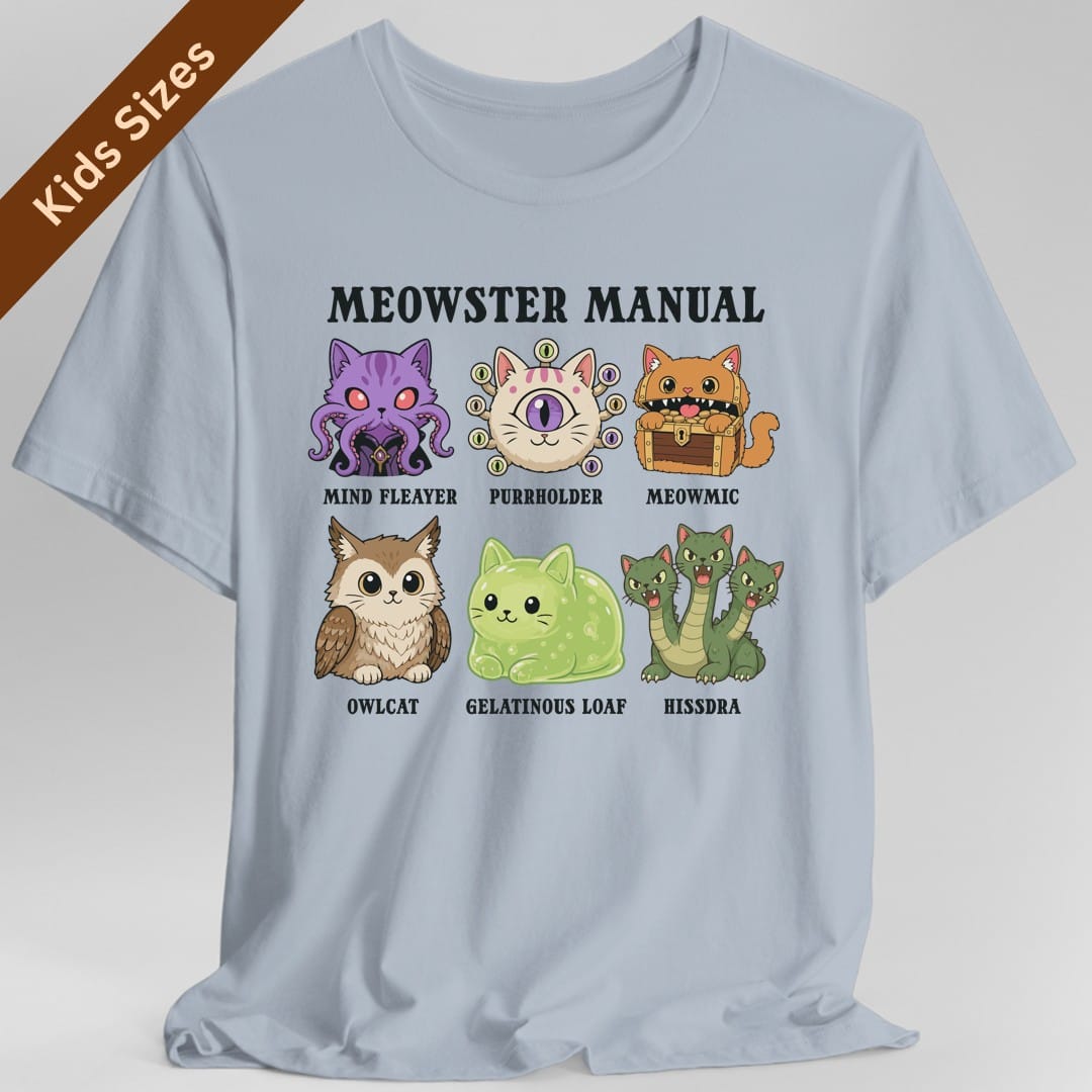 The same Meowster Manual design, on a light blue kids t-shirt.