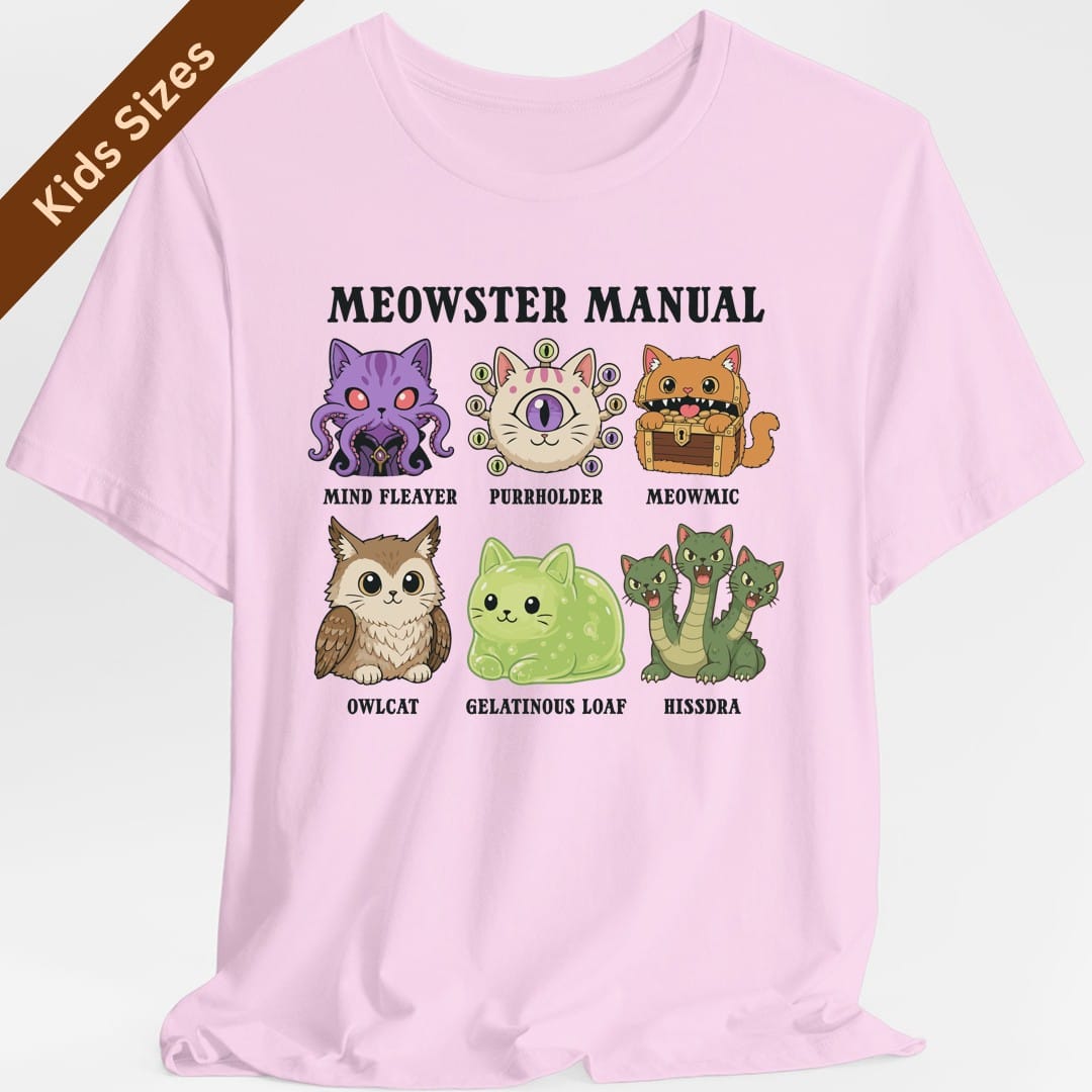 The same Meowster Manual design, on a light pink kids t-shirt.