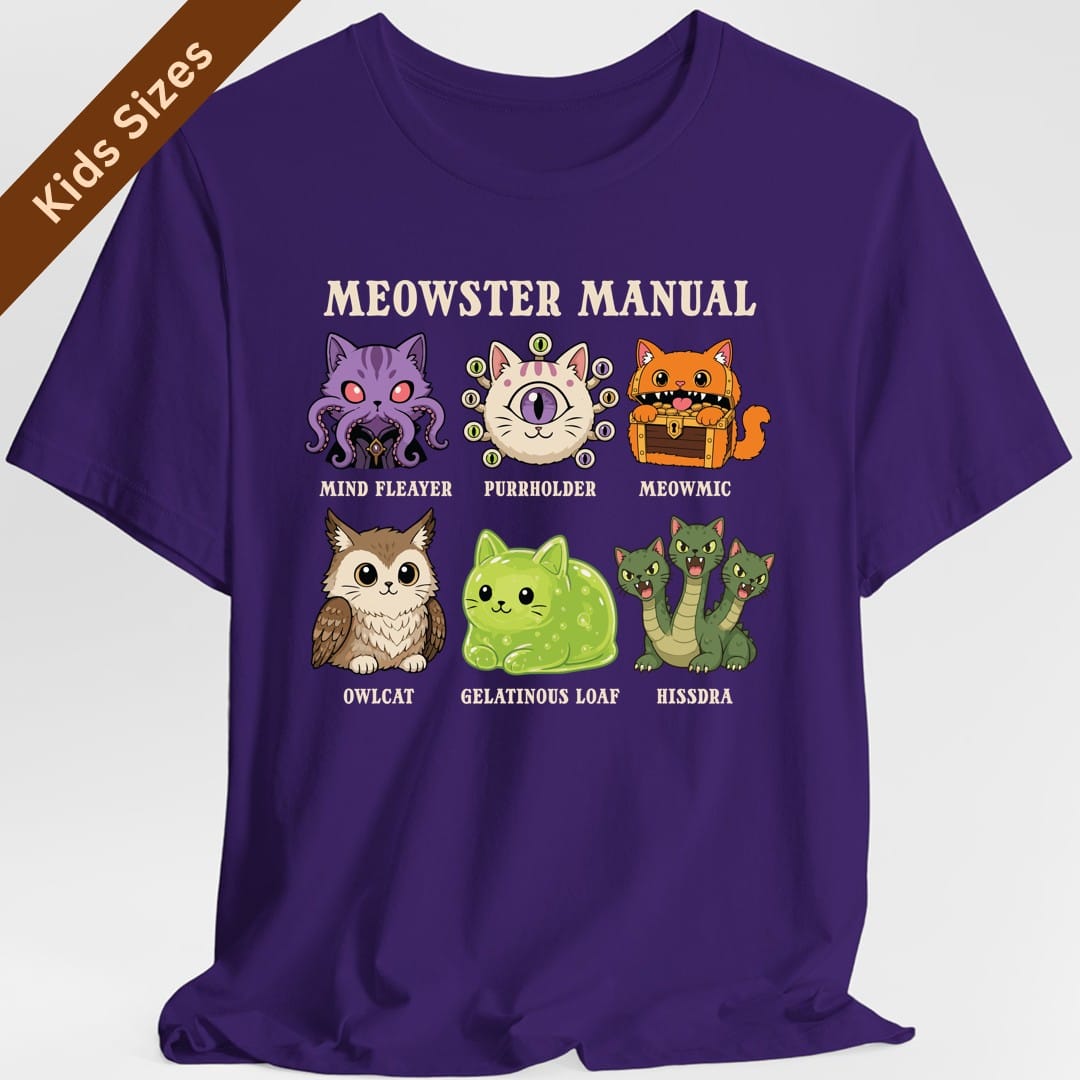 The same Meowster Manual design, on a purple kids t-shirt.