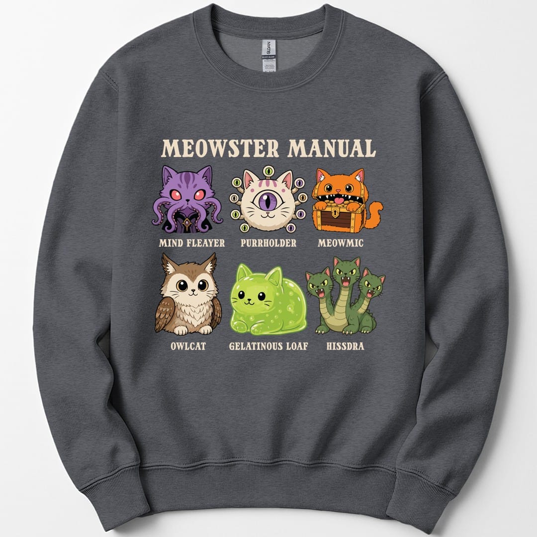The same Meowster Manual design, on a dark heather sweatshirt.