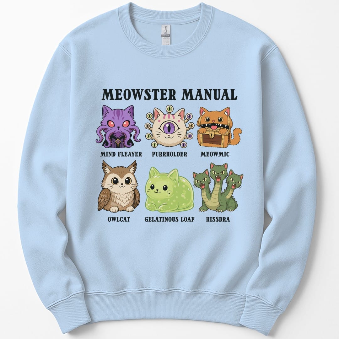 The same Meowster Manual design, on a light blue sweatshirt.