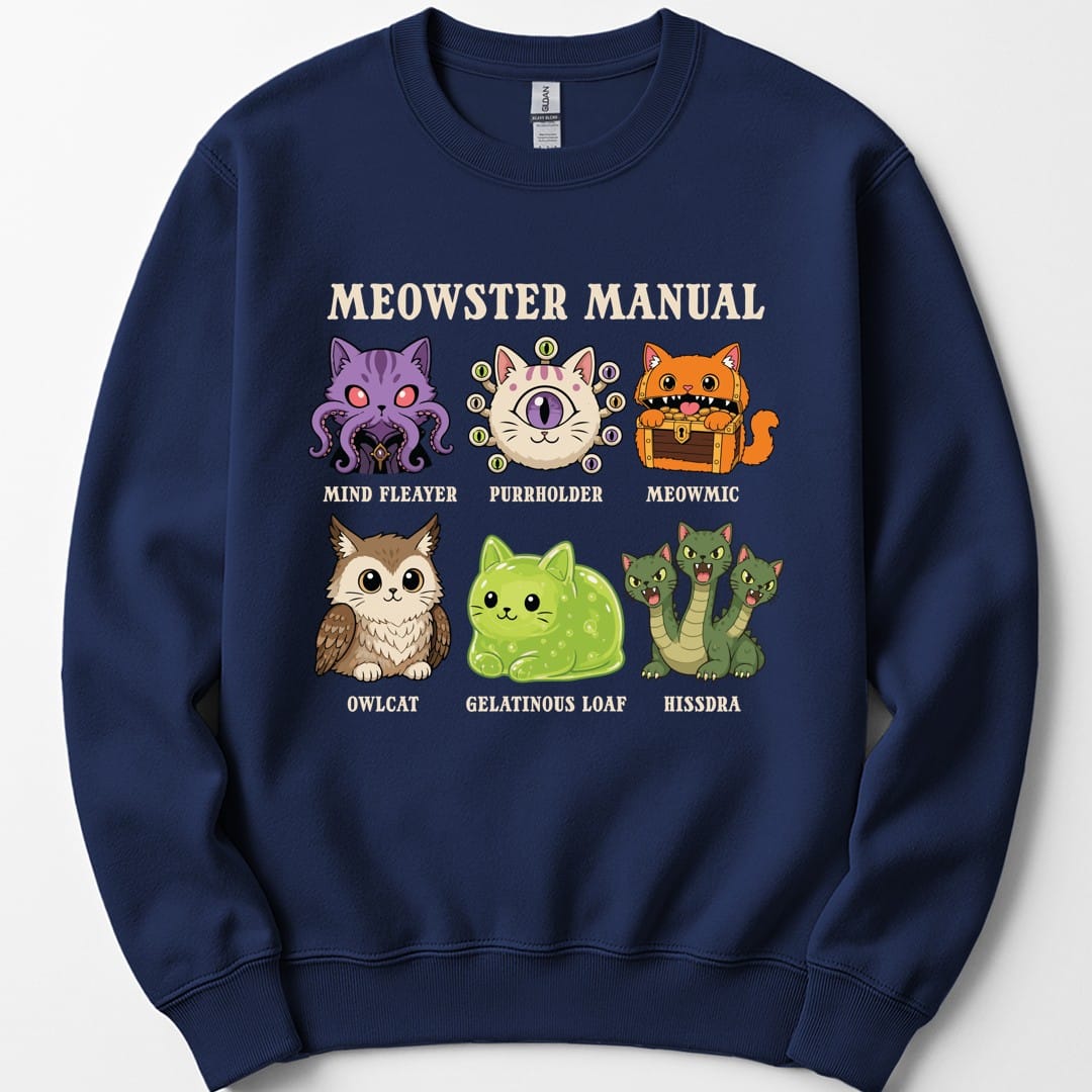 The same Meowster Manual design, on a navy sweatshirt.